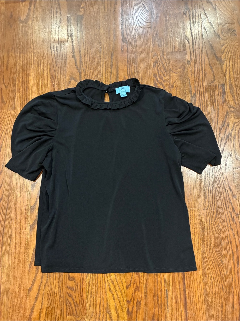 Women's CeCe Black Ruffle Neck Puff Sleeve Top size Large